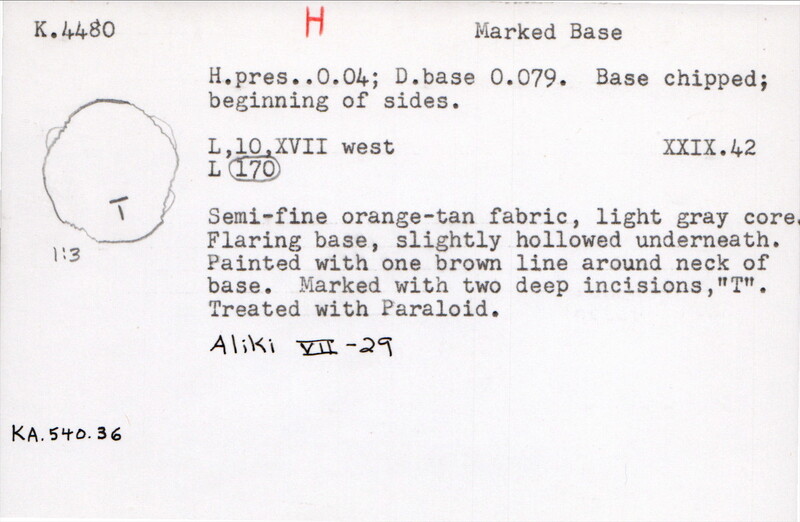 Index card with typed and handwritten information, sometimes including a sketch, of pottery from an excavation.