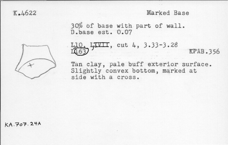 Index card with typed and handwritten information, sometimes including a sketch, of pottery from an excavation.