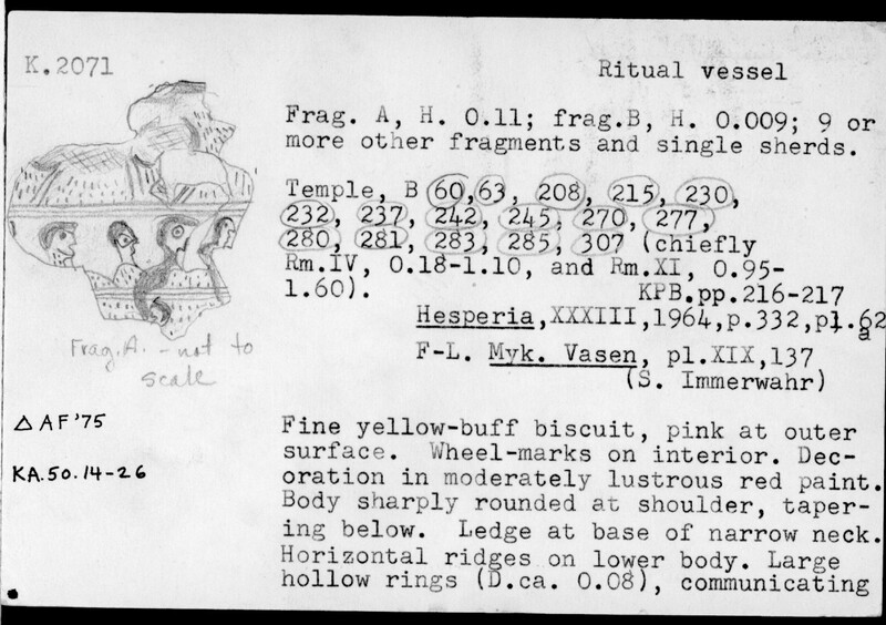 Index card with typed and handwritten information, sometimes including a sketch, of pottery from an excavation.