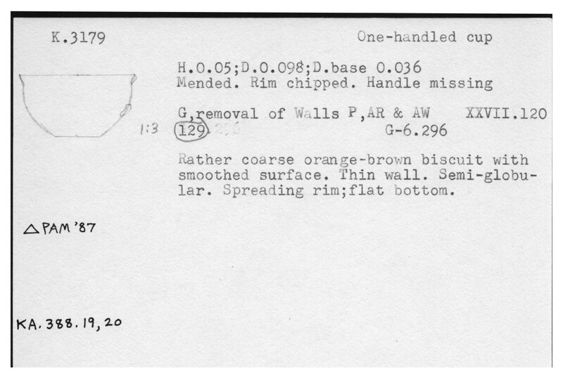 Index card with typed and handwritten information, sometimes including a sketch, of pottery from an excavation.
