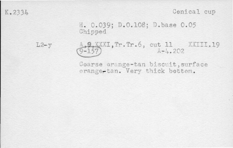 Index card with typed and handwritten information, sometimes including a sketch, of pottery from an excavation.