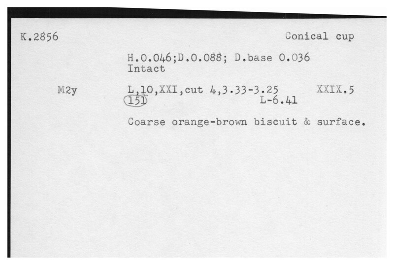 Index card with typed and handwritten information, sometimes including a sketch, of pottery from an excavation.