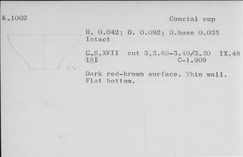 Index card with typed and handwritten information, sometimes including a sketch, of pottery from an excavation.