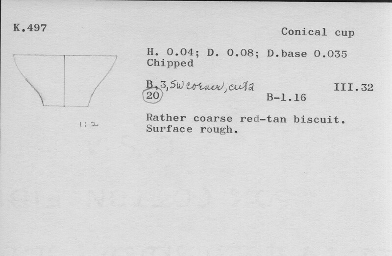 Index card with typed and handwritten information, sometimes including a sketch, of pottery from an excavation.