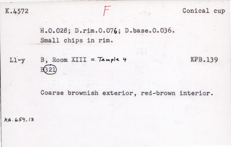 Index card with typed and handwritten information, sometimes including a sketch, of pottery from an excavation.