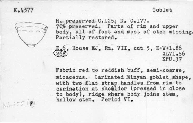 Index card with typed and handwritten information, sometimes including a sketch, of pottery from an excavation.
