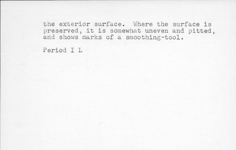 Index card with typed and handwritten information, sometimes including a sketch, of pottery from an excavation.