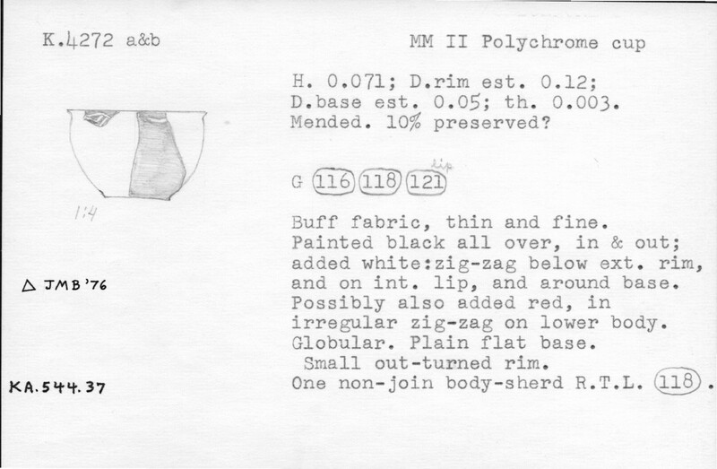 Index card with typed and handwritten information, sometimes including a sketch, of pottery from an excavation.