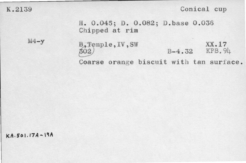 Index card with typed and handwritten information, sometimes including a sketch, of pottery from an excavation.