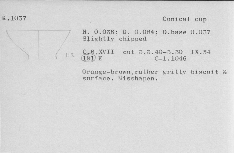 Index card with typed and handwritten information, sometimes including a sketch, of pottery from an excavation.