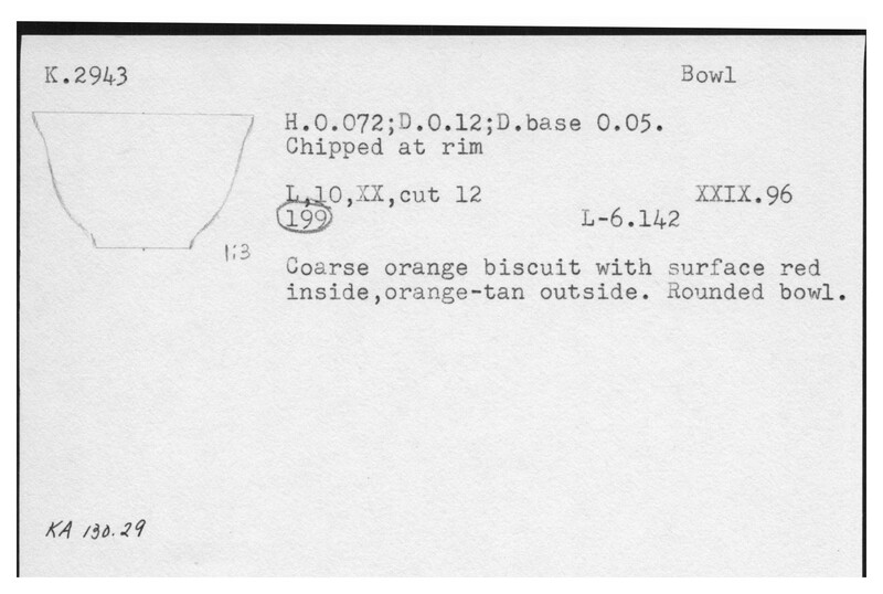 Index card with typed and handwritten information, sometimes including a sketch, of pottery from an excavation.