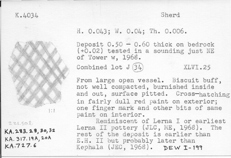 Index card with typed and handwritten information, sometimes including a sketch, of pottery from an excavation.