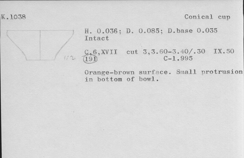 Index card with typed and handwritten information, sometimes including a sketch, of pottery from an excavation.