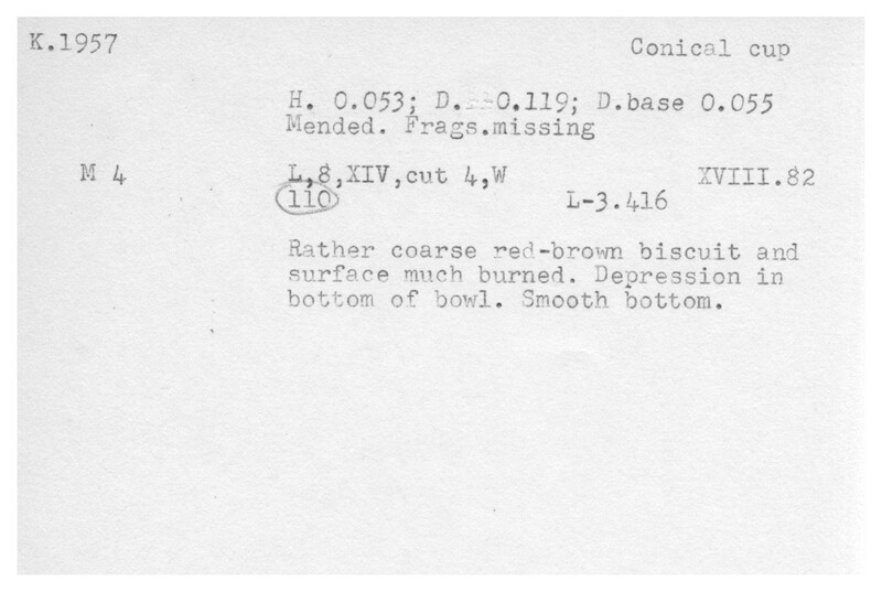 Index card with typed and handwritten information, sometimes including a sketch, of pottery from an excavation.