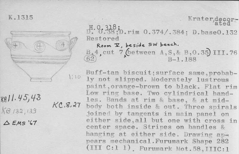 Index card with typed and handwritten information, sometimes including a sketch, of pottery from an excavation.