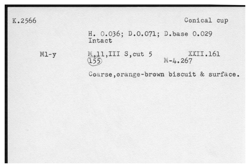 Index card with typed and handwritten information, sometimes including a sketch, of pottery from an excavation.