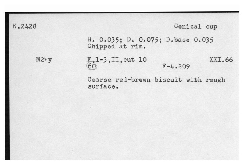 Index card with typed and handwritten information, sometimes including a sketch, of pottery from an excavation.