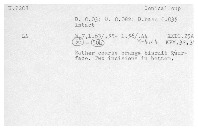 Index card with typed and handwritten information, sometimes including a sketch, of pottery from an excavation.