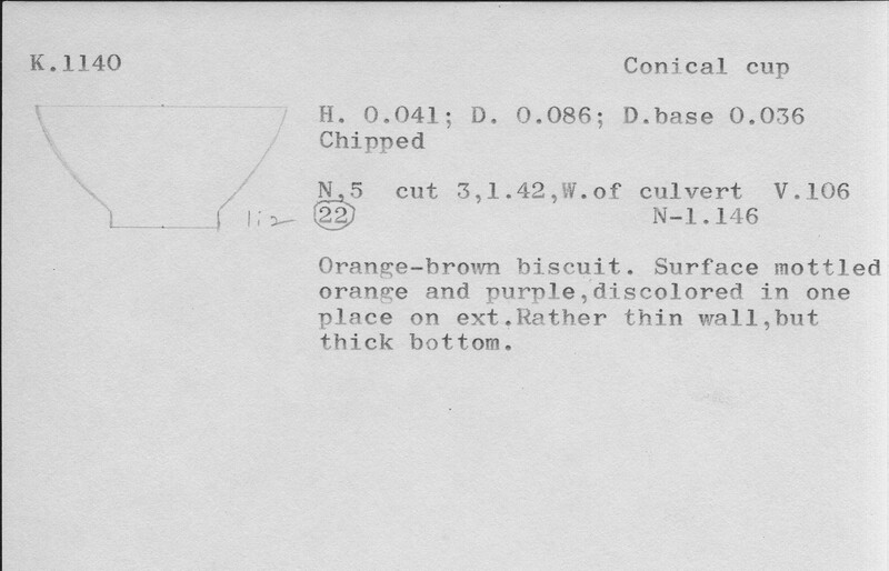 Index card with typed and handwritten information, sometimes including a sketch, of pottery from an excavation.