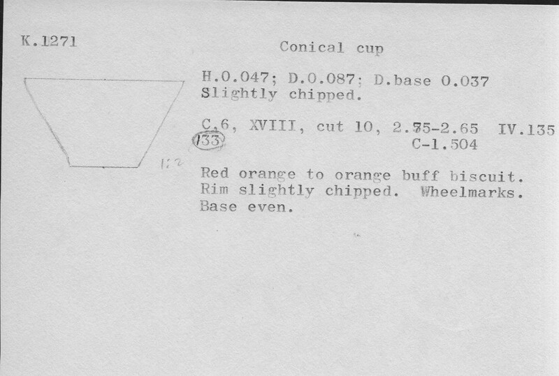Index card with typed and handwritten information, sometimes including a sketch, of pottery from an excavation.