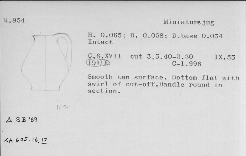 Index card with typed and handwritten information, sometimes including a sketch, of pottery from an excavation.