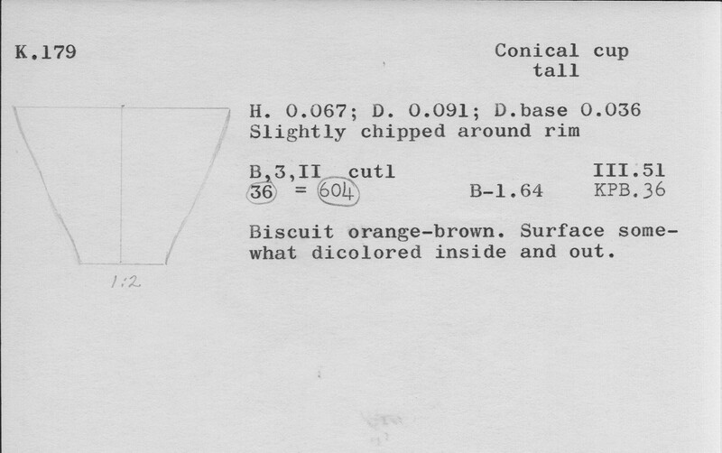 Index card with typed and handwritten information, sometimes including a sketch, of pottery from an excavation.