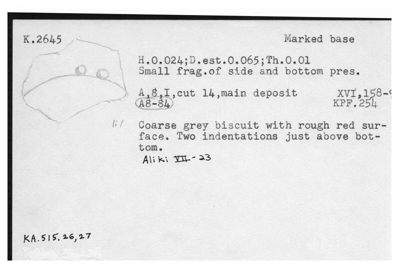 Index card with typed and handwritten information, sometimes including a sketch, of pottery from an excavation.