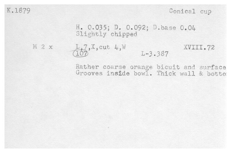 Index card with typed and handwritten information, sometimes including a sketch, of pottery from an excavation.