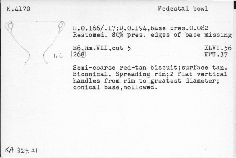 Index card with typed and handwritten information, sometimes including a sketch, of pottery from an excavation.
