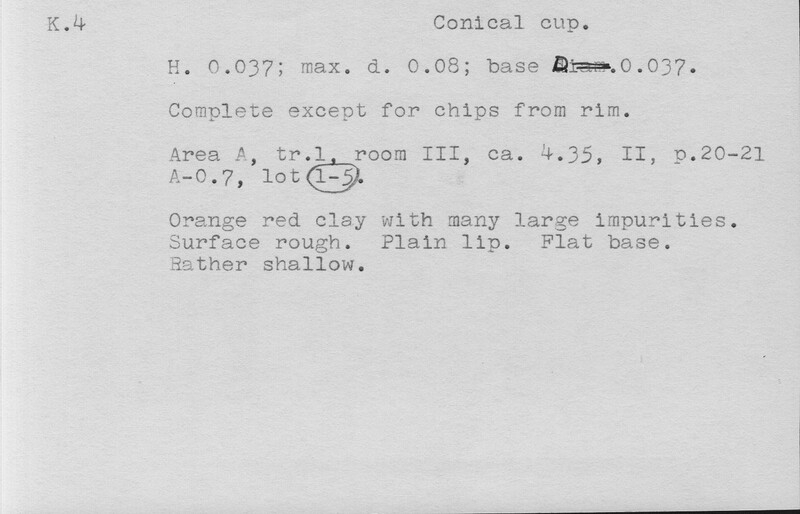 Index card with typed and handwritten information, sometimes including a sketch, of pottery from an excavation.