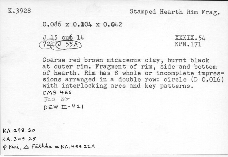 Index card with typed and handwritten information, sometimes including a sketch, of pottery from an excavation.