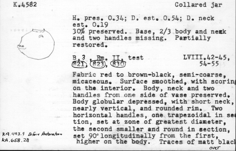 Index card with typed and handwritten information, sometimes including a sketch, of pottery from an excavation.