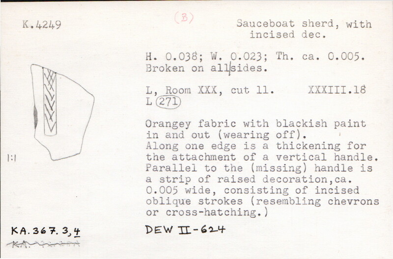 Index card with typed and handwritten information, sometimes including a sketch, of pottery from an excavation.