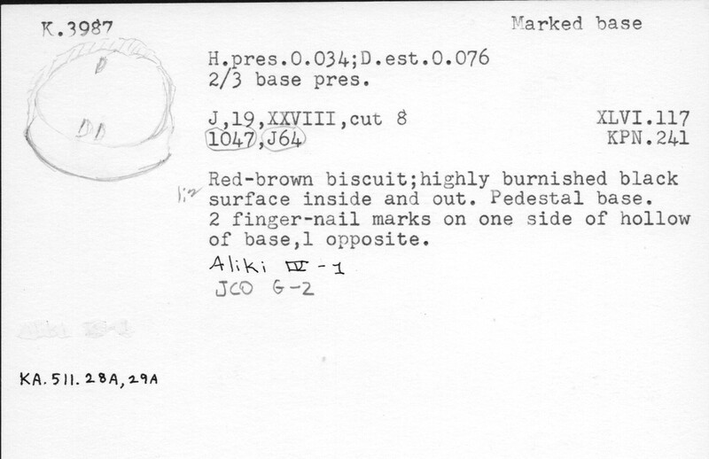 Index card with typed and handwritten information, sometimes including a sketch, of pottery from an excavation.