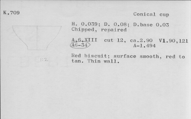 Index card with typed and handwritten information, sometimes including a sketch, of pottery from an excavation.