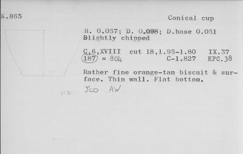 Index card with typed and handwritten information, sometimes including a sketch, of pottery from an excavation.