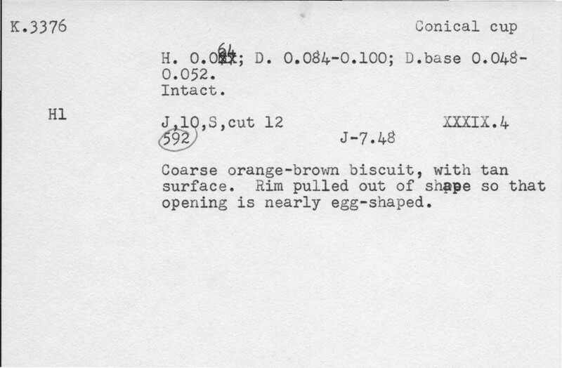 Index card with typed and handwritten information, sometimes including a sketch, of pottery from an excavation.