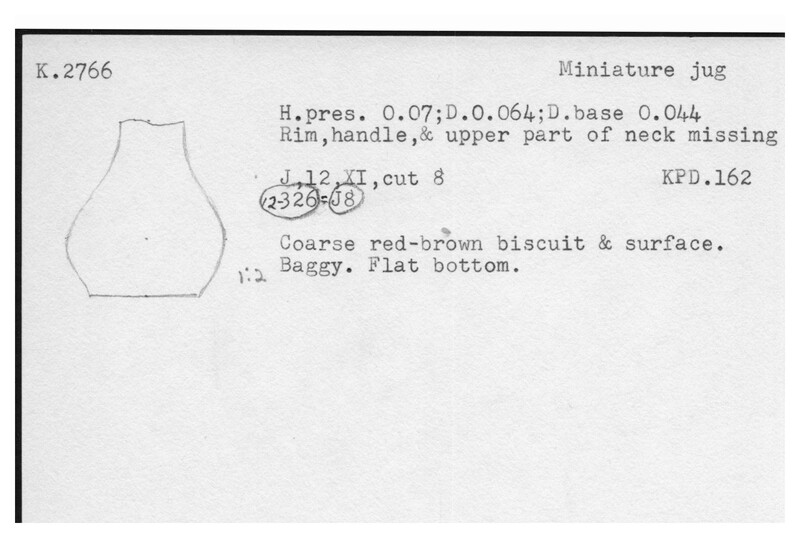 Index card with typed and handwritten information, sometimes including a sketch, of pottery from an excavation.