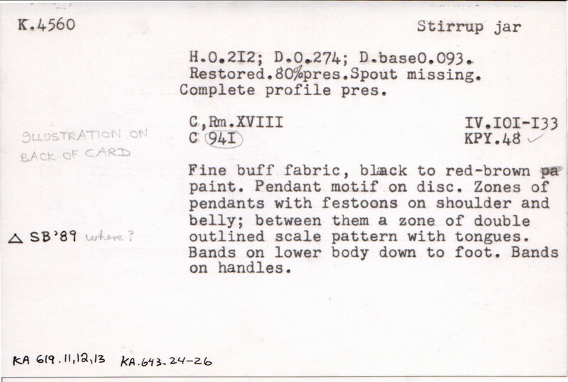 Index card with typed and handwritten information, sometimes including a sketch, of pottery from an excavation.