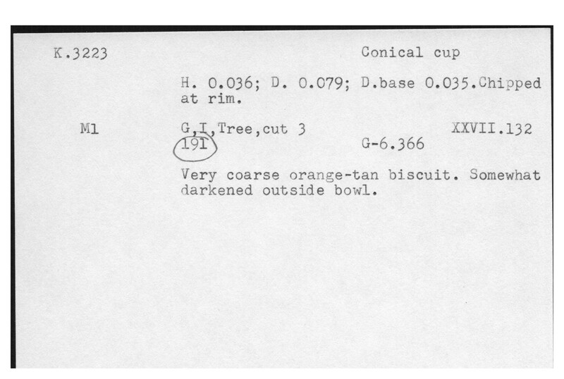 Index card with typed and handwritten information, sometimes including a sketch, of pottery from an excavation.