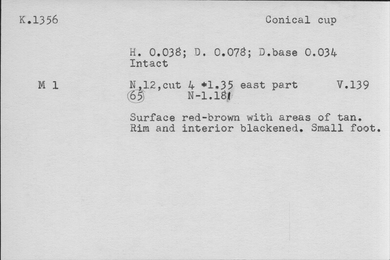 Index card with typed and handwritten information, sometimes including a sketch, of pottery from an excavation.