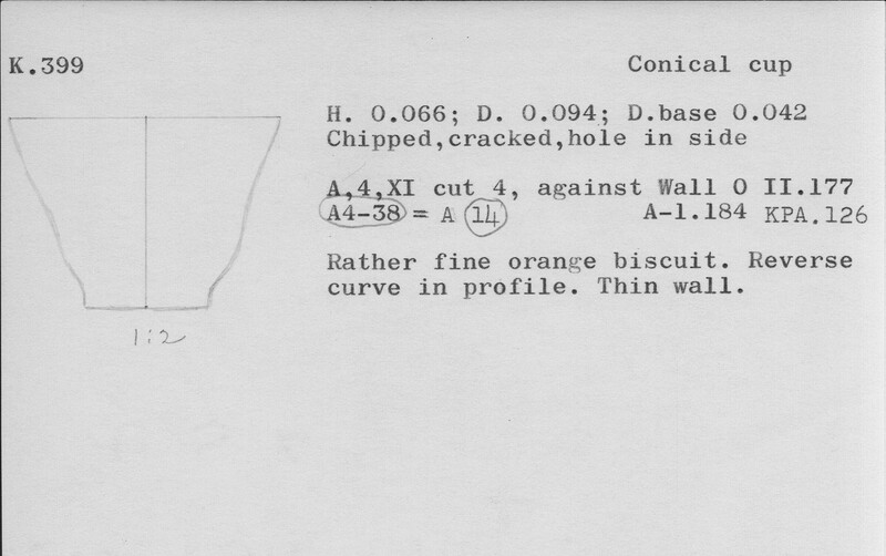 Index card with typed and handwritten information, sometimes including a sketch, of pottery from an excavation.