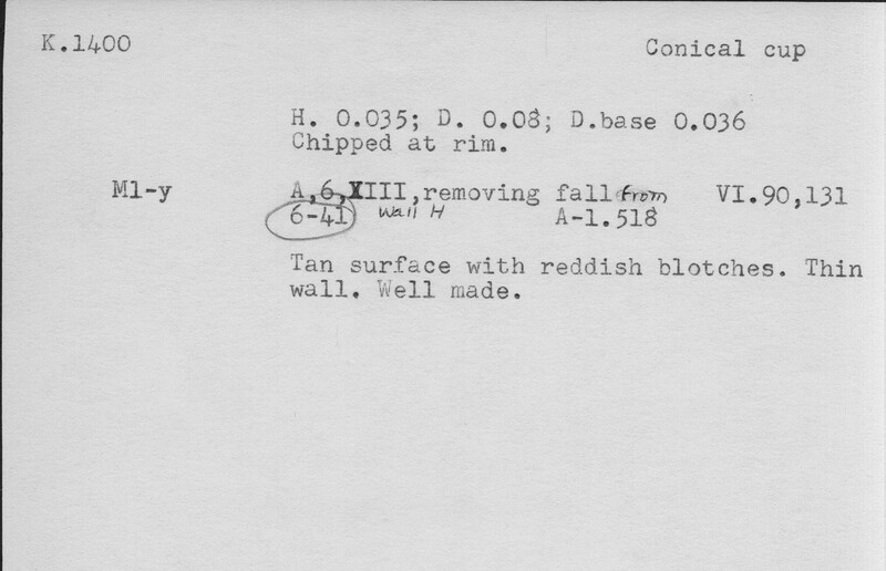 Index card with typed and handwritten information, sometimes including a sketch, of pottery from an excavation.