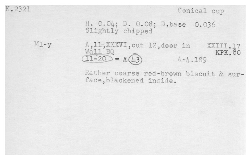 Index card with typed and handwritten information, sometimes including a sketch, of pottery from an excavation.
