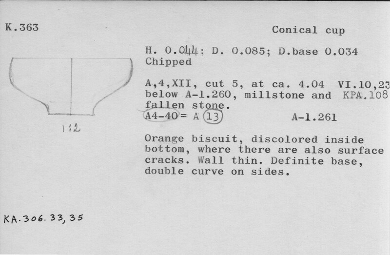 Index card with typed and handwritten information, sometimes including a sketch, of pottery from an excavation.