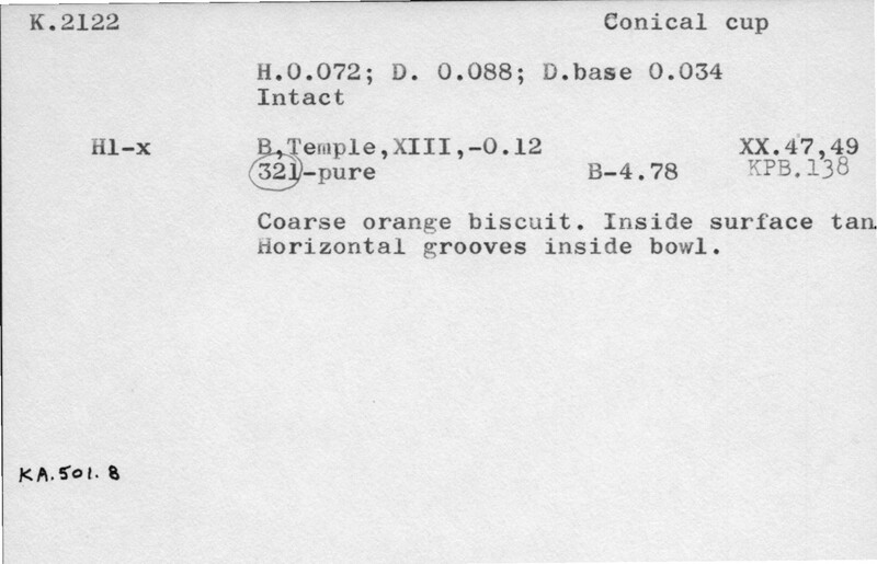 Index card with typed and handwritten information, sometimes including a sketch, of pottery from an excavation.