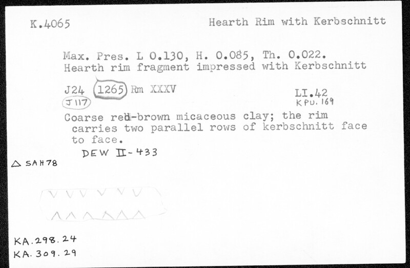 Index card with typed and handwritten information, sometimes including a sketch, of pottery from an excavation.