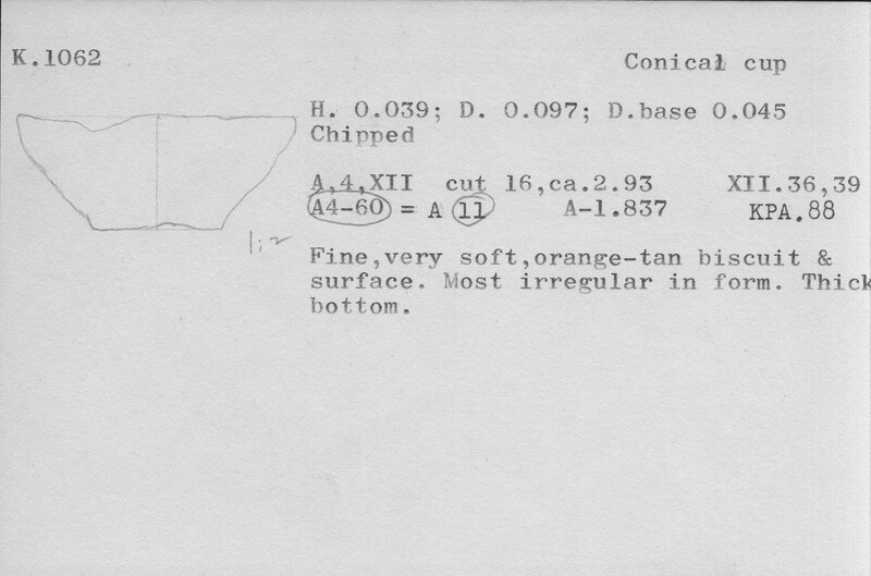 Index card with typed and handwritten information, sometimes including a sketch, of pottery from an excavation.