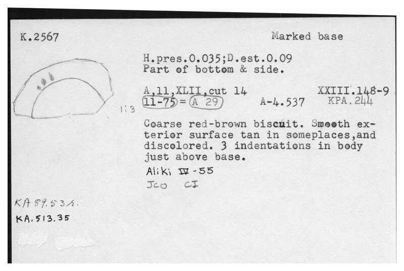 Index card with typed and handwritten information, sometimes including a sketch, of pottery from an excavation.