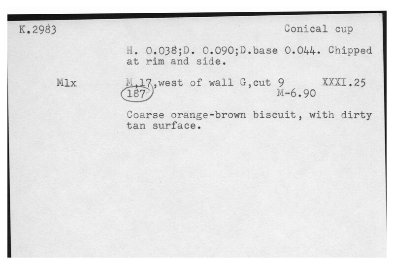 Index card with typed and handwritten information, sometimes including a sketch, of pottery from an excavation.
